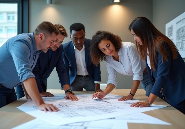 A diverse team of architects and designers collaborating over blueprints in a modern office.