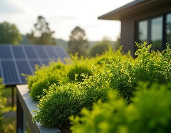 Close-up of a living green roof on a modern home with solar panels in the background.
